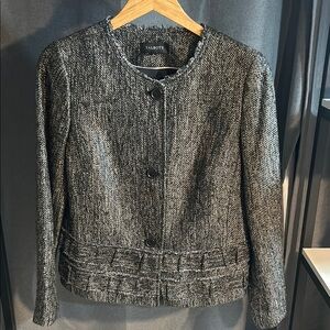 Talbots Black and Silver Tweed Collarless long sleeve Jacket size 12 career